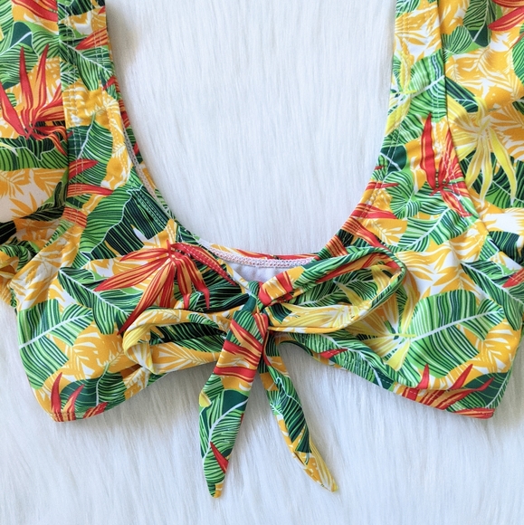 Yellow Tropical print tie front ruffle bikini top - Picture 3 of 7